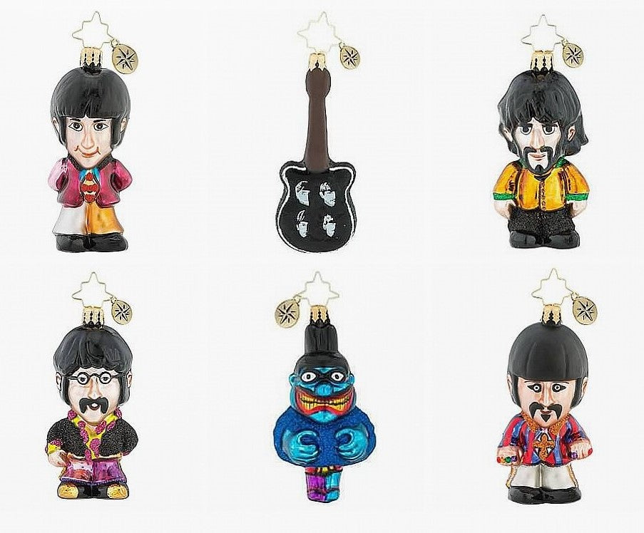 Christopher Radko Beatles Little Gems John Paul George Ringo Guitar & Blue Meanie Set of 6