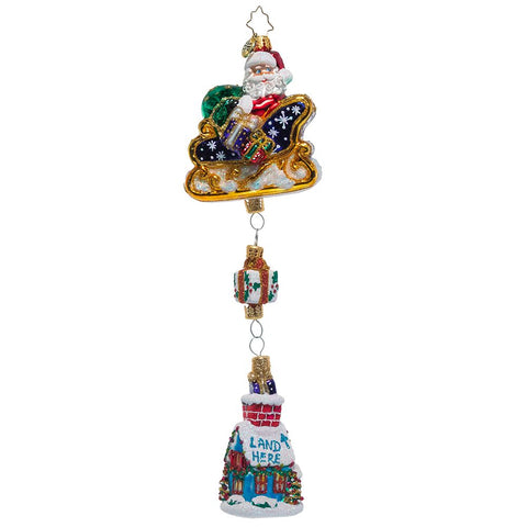 Christopher Radko Coming In For A Landing Santa Sleigh 3 pt Ornament